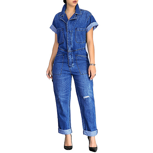 

Women's Plus Size Going out Casual / Daily Weekend Shirt Collar Blue Jumpsuit Solid Colored High Waist