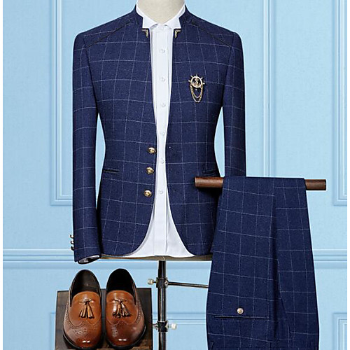 

Black / Navy Blue Striped / Plaid Slim Polyester Men's Suit - Stand Collar / Shirt Collar / Party / Fall / Winter / Long Sleeve / Oversized