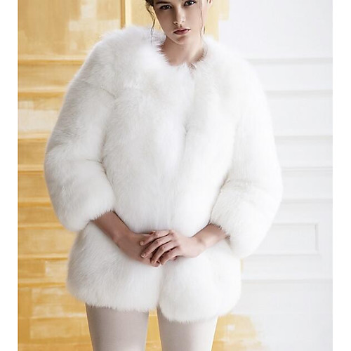 

Women's Solid Colored Pleated Streetwear Fall Fur Coat Regular Going out Long Sleeve Faux Fur Coat Tops White