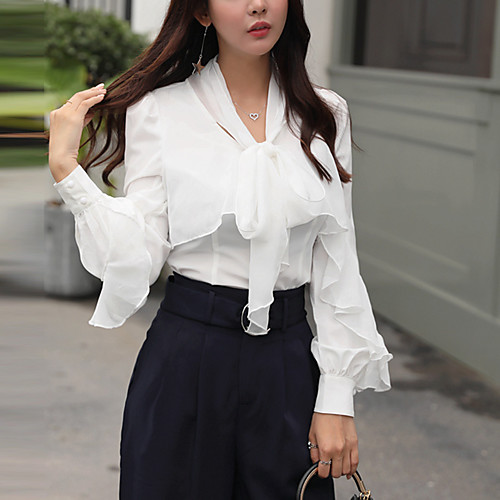 

Women's Shirt Solid Colored Ruffle Bow Long Sleeve Daily Tops Active White