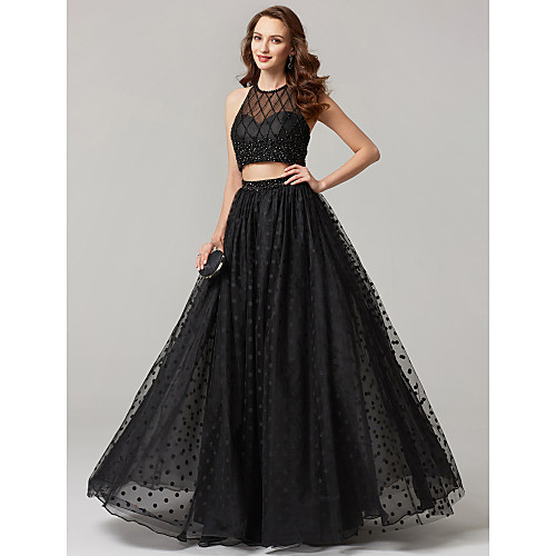 

A-Line Two Piece Beaded & Sequin Holiday Cocktail Party Prom Dress Jewel Neck Sleeveless Floor Length Tulle with Lace Sequin 2021