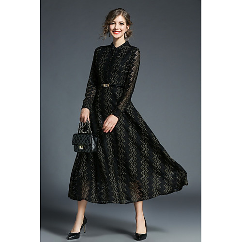 

Women's Swing Dress Maxi long Dress Black Long Sleeve Solid Colored Fall Stand Collar Vintage Going out M L XL XXL