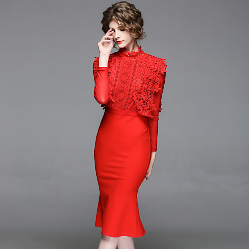 

Women's Sheath Dress Midi Dress Red Long Sleeve Jacquard Flower Lace Fall Winter Stand Collar Chinoiserie Going out Cotton Slim S M L XL / Sexy