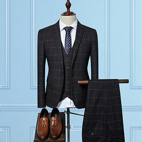 

Black / Wine / Navy Blue Plaid Polyester Men's Suit - V Neck / Party / Fall / Winter / Long Sleeve / Plus Size
