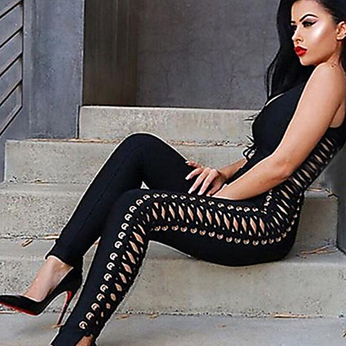 

Women's Club U Neck Black Skinny Jumpsuit Solid Colored Cut Out / Sexy