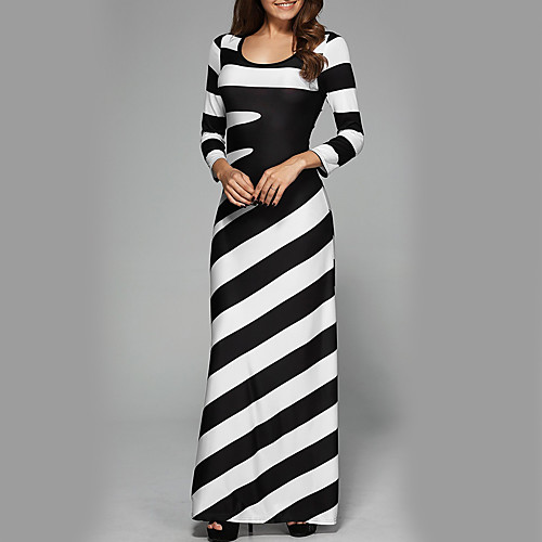 

Women's Sheath Dress Maxi long Dress Black Long Sleeve Black & White Striped Fall Winter Round Neck Streetwear S M L XL