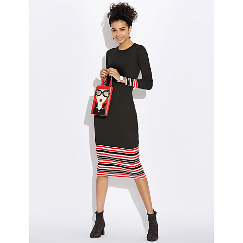 

Women's Bodycon Midi Dress Black Gray Long Sleeve Striped Fall Spring Round Neck Cotton One-Size