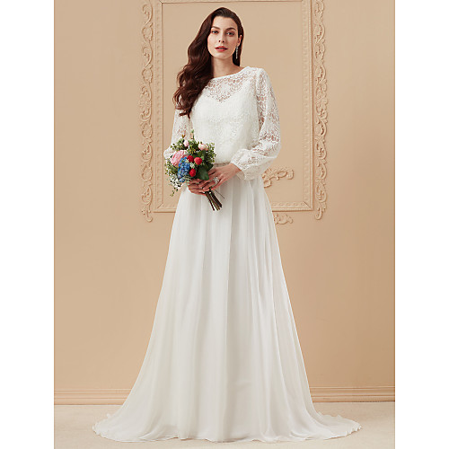 

A-Line Wedding Dresses Bateau Neck Sweep / Brush Train Sheer Lace Corded Lace Cotton Long Sleeve Boho Separate Bodies with Appliques 2021