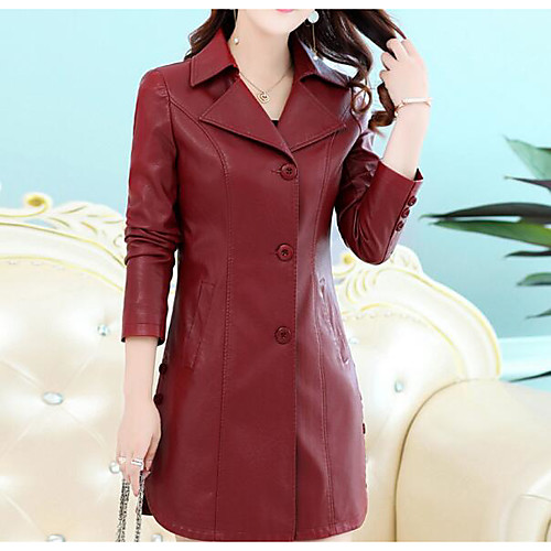 

Women's Solid Colored Pleated Streetwear Fall Trench Coat Long Going out Long Sleeve Faux Leather Coat Tops Black