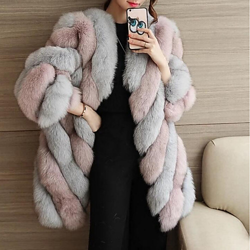 

Women's Color Block Streetwear Fall Notch lapel collar Fur Coat Regular Going out Long Sleeve Faux Fur Coat Tops Blushing Pink