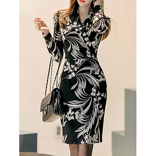 

Women's Sheath Dress Short Mini Dress Black Long Sleeve Print Fall Spring V Neck S M L XL