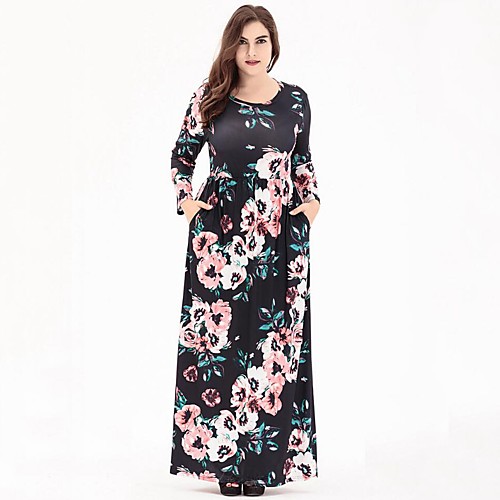 

Women's Swing Dress Maxi long Dress White Black Navy Blue Long Sleeve Floral Print Summer Round Neck Boho Floral XL XXL 3XL 4XL 5XL 6XL / Plus Size