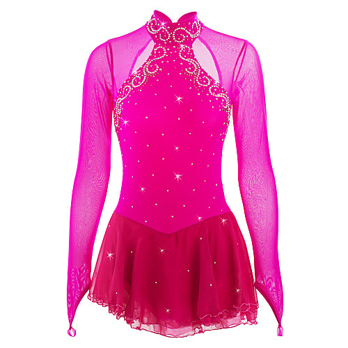 

Figure Skating Dress Women's Girls' Ice Skating Dress Peach Open Back Patchwork Spandex Elastane High Elasticity Competition Skating Wear Handmade Jeweled Rhinestone Long Sleeve Ice Skating Figure