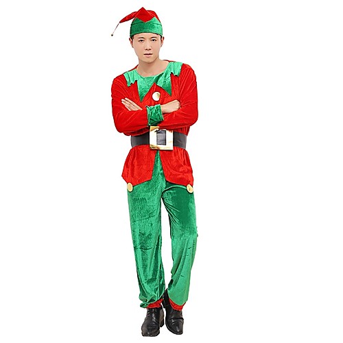 

Santa Claus Elf Pants Santa Clothes Men's Christmas Festival / Holiday Pleuche Red Men's Easy Carnival Costumes Color Block / Hat / Top / Waist Belt / Top / Hat