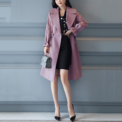 

Women's Trench Coat Solid Colored Ruffle Streetwear Fall Notch lapel collar Trench Coat Long Going out Long Sleeve Faux Leather Coat Tops Purple