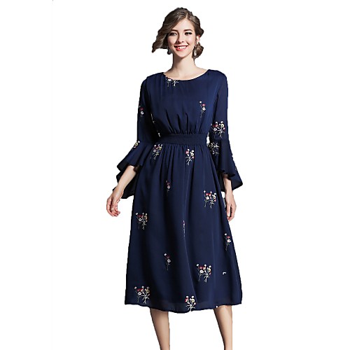 

Women's A Line Dress Midi Dress Navy Blue Long Sleeve Lace Print Fall Round Neck Going out Work Flare Cuff Sleeve Flare Sleeve M L XL XXL / Floral