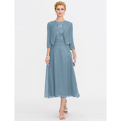 

A-Line Mother of the Bride Dress Elegant Plus Size Illusion Neck Tea Length Chiffon Corded Lace Sleeveless with Lace Pleats 2020