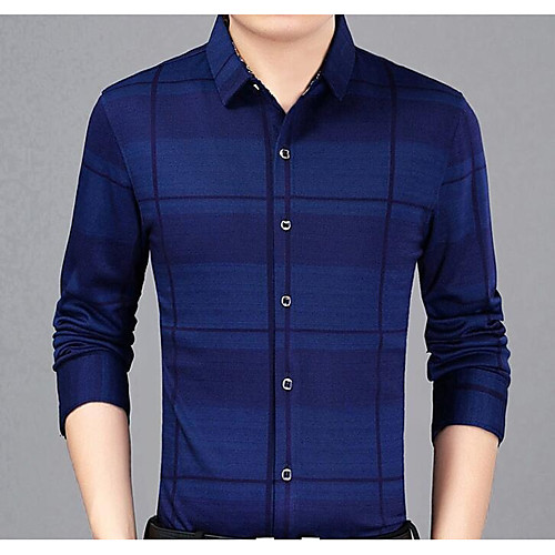 

Men's Shirt Plaid Print Long Sleeve Work Tops Cotton Purple Navy Blue