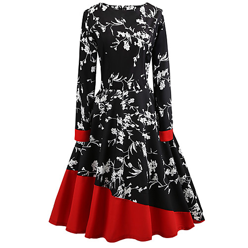 

Women's Sheath Dress Knee Length Dress Black Long Sleeve Floral Print Fall Spring Round Neck Vintage Streetwear Cotton S M L XL XXL