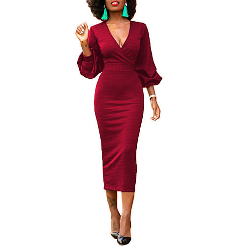 

Women's Bodycon Midi Dress Black Blue Red Long Sleeve Solid Colored Fall Spring V Neck Streetwear Lantern Sleeve S M L XL