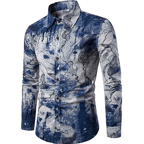 

Men's Abstract Print Slim Shirt - Linen Chinoiserie Going out Weekend Spread Collar Blue / Long Sleeve