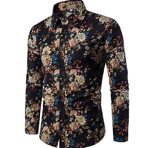 

Men's Floral Print Slim Shirt - Linen Boho Going out Club Spread Collar Black / Long Sleeve