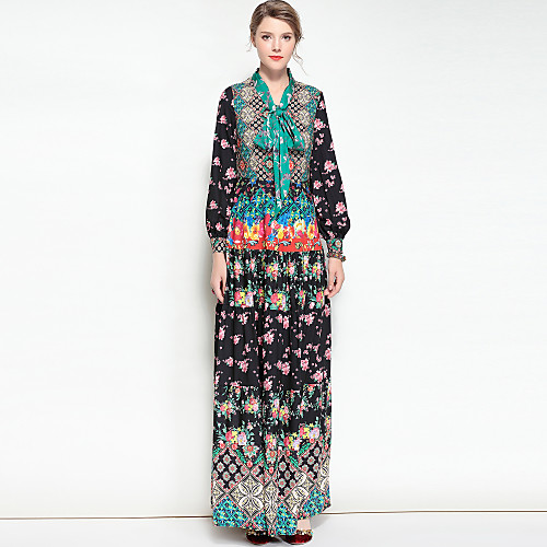 

Women's Swing Dress Maxi long Dress Black Long Sleeve Floral Spring Summer Shirt Collar Vintage Boho Party Cotton S M L XL