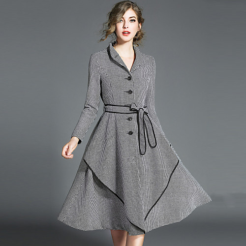 

Women's A Line Dress Midi Dress Black Long Sleeve Houndstooth Vintage Style Fall Winter V Neck Streetwear Going out S M L XL