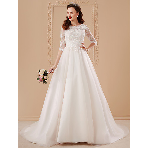 

Ball Gown Wedding Dresses Bateau Neck Sweep / Brush Train Tulle Over Lace 3/4 Length Sleeve Romantic Glamorous Backless with Appliques Flower 2021