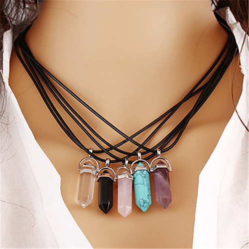 

Women's Unisex Crystal Pendant Necklace Chain Necklace Cheap Vintage Ethnic Fashion energy Crystal Leather Stone Black Light Blue Transparent White Purple Necklace Jewelry One-piece Suit For Party