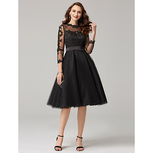 

A-Line Elegant Wedding Guest Prom Dress Illusion Neck 3/4 Length Sleeve Knee Length Tulle Over Lace with Appliques 2021