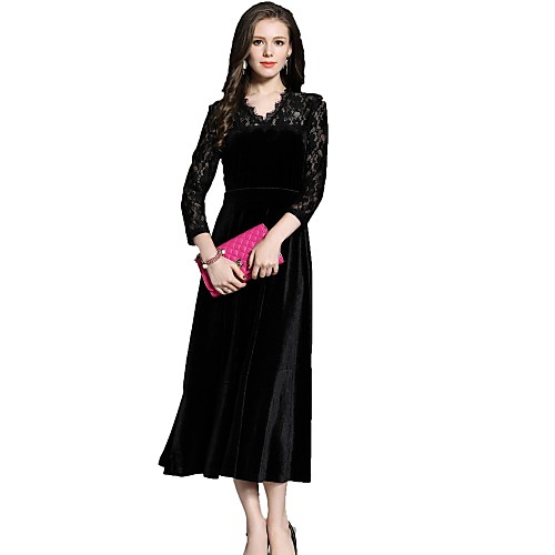 

Women's A Line Dress Maxi long Dress Black 3/4 Length Sleeve Solid Colored Fall V Neck Casual Vintage Going out S M L XL XXL
