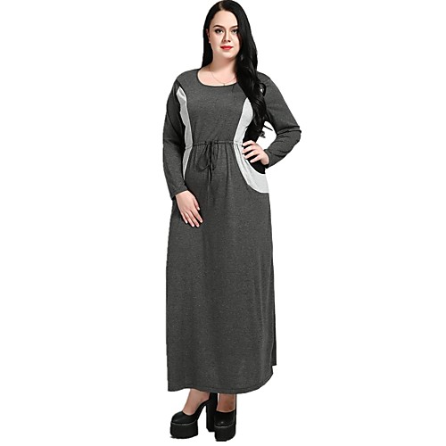 

Women's Loose Maxi long Dress Dark Gray Long Sleeve Patchwork Color Block Fall Spring Round Neck Vintage Streetwear Party Holiday Cotton XXL 3XL 4XL 5XL 6XL 7XL / High Waist