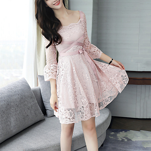 

Women's A Line Dress Short Mini Dress Blushing Pink Long Sleeve Dusty Rose Solid Colored Cut Out Lace Fall Spring Boat Neck Streetwear Flare Cuff Sleeve Cotton S M L XL XXL