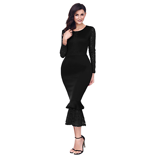 

Women's Sheath Dress Midi Dress Black Blue Red Blushing Pink Long Sleeve Solid Colored Lace Winter Round Neck Ruffle S M L XL