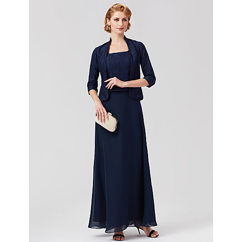 

Sheath / Column Mother of the Bride Dress Plus Size Elegant Square Neck Ankle Length Beaded Lace Sleeveless with Lace 2021