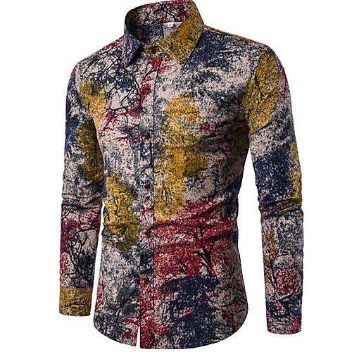 

Men's Trees / Leaves Shirt - Linen Boho Chinoiserie Going out Club Standing Collar Rainbow / Long Sleeve