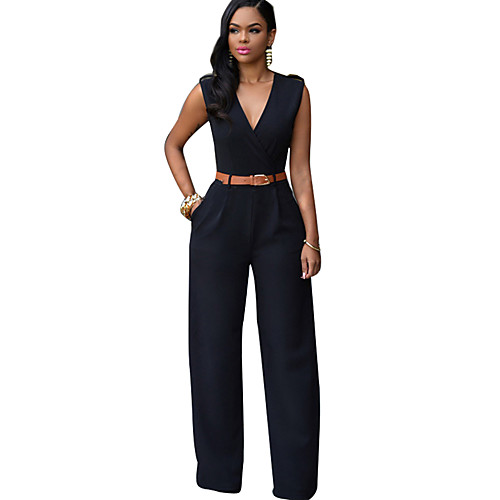

Women's Streetwear Daily Weekend Deep V Wide Leg White Black Red Jumpsuit Solid Colored Cotton