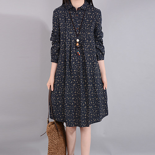 

Women's Loose Knee Length Dress Green Navy Blue Long Sleeve Print Spring Shirt Collar Chinoiserie Cotton M L XL XXL