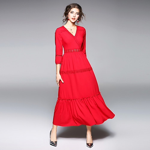 

Women's Sheath Dress Maxi long Dress White Red 3/4 Length Sleeve Patchwork Solid Colored Ruched Mesh Lace Fall Winter V Neck Vintage Streetwear Party Going out Puff Sleeve / High Waist