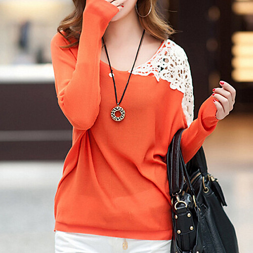 

Women's Solid Colored Pullover Long Sleeve Regular Sweater Cardigans Round Neck Spring Fall Black Orange