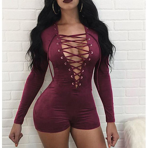 

Women's Holiday V Neck Lace Black Wine Army Green Skinny Romper Color Block Solid Colored Cotton / Sexy