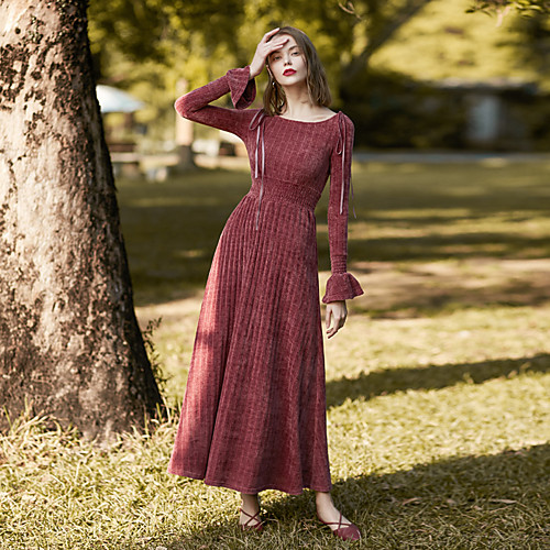 

Women's Sheath Dress Maxi long Dress Red Long Sleeve Solid Colored Ruched Fall Winter Round Neck Vintage Going out Flare Cuff Sleeve S M L / High Waist