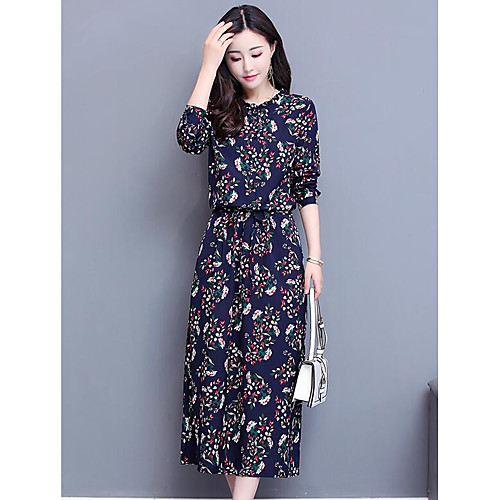 

Women's Chiffon Dress Midi Dress Navy Blue Long Sleeve Print Fall Spring Round Neck Cotton M L XL XXL