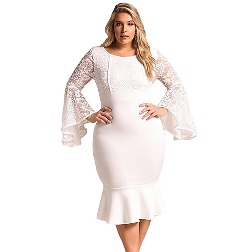 

Women's Sheath Dress Midi Dress White Black Red Long Sleeve White Solid Color Lace Winter Round Neck Flare Cuff Sleeve Flare Sleeve XL XXL 3XL 4XL / Plus Size