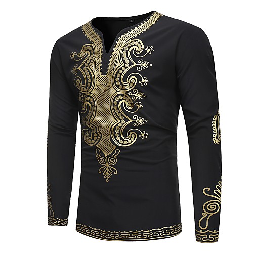 

Men's T shirt Tribal Print Long Sleeve Daily Tops Basic Vintage Black