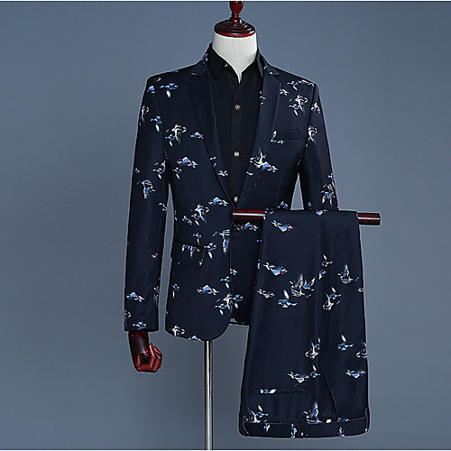 

Black Floral Print Polyester Men's Suit - V Neck / Spring / Long Sleeve / Work / Streetwear / Beach