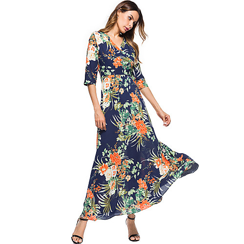 

Women's Chiffon Dress Maxi long Dress Royal Blue Half Sleeve Print Spring Summer V Neck Boho Floral S M L XL