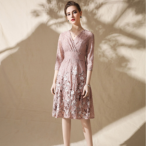 

Women's Swing Dress Midi Dress Blushing Pink Khaki Half Sleeve Dusty Rose Floral Jacquard Bow Spring Summer V Neck Streetwear Party Going out Slim Lace up S M L XL XXL