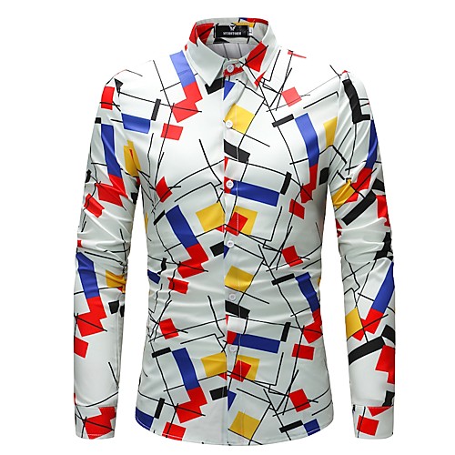 

Men's Shirt Color Block Geometric Plus Size Print Long Sleeve Daily Tops White